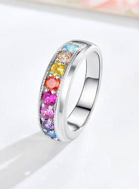 卓蝶珠宝春夏新款彩虹戒指925纯银镀18K白金彩色蓝宝石戒指女精工