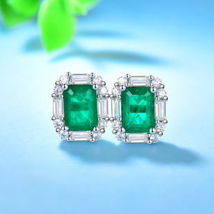 卓蝶珠宝仿祖母绿耳钉纯银镀18K白金仿哥伦比亚祖母绿耳坠女