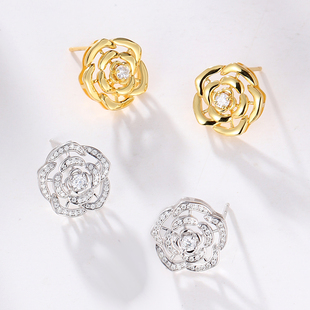 卓蝶珠宝纯银电镀真金满钻山茶花耳钉唯美气质小香风耳环轻奢气质