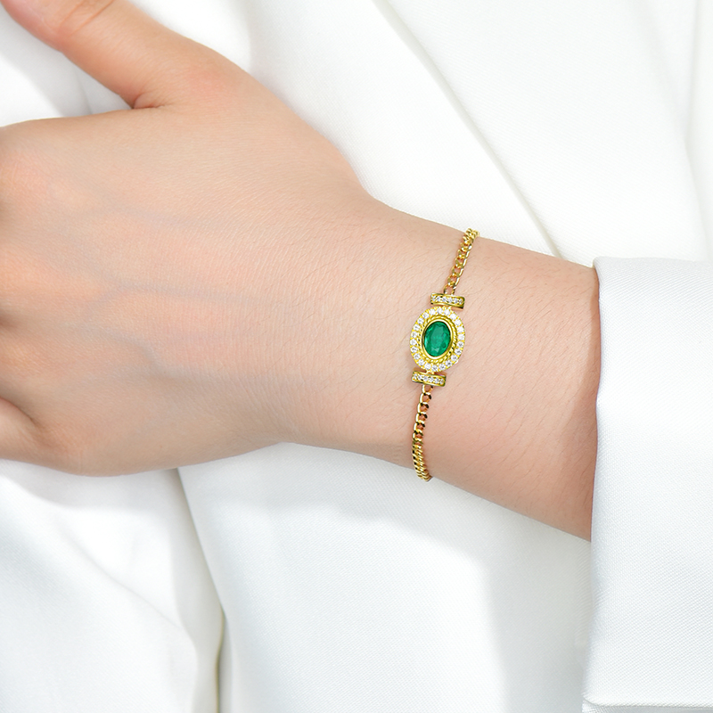 卓蝶珠宝S925银镀黄金合成祖母绿手链女潮流欧美风复古金色古巴链