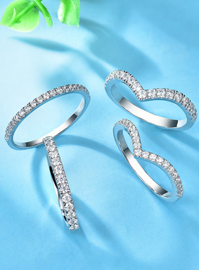 卓蝶珠宝仿钻石排钻戒指纯银镶钻排戒镀18K白金V戒护戒尾戒女情侣