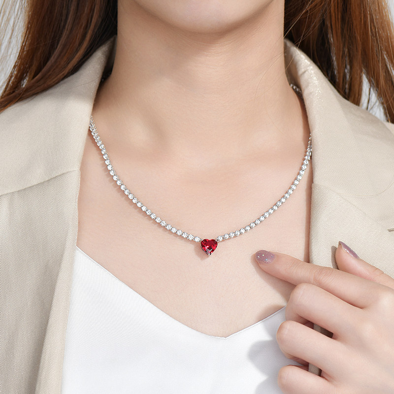 卓蝶珠宝心形合成红宝石满钻项链纯银镀金甜美爱心仿钻锁骨链女