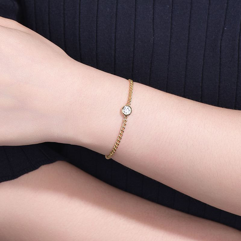 卓蝶珠宝纯银镀18k黄金古巴链莫桑石侧身手链女ins风欧美情侣银饰