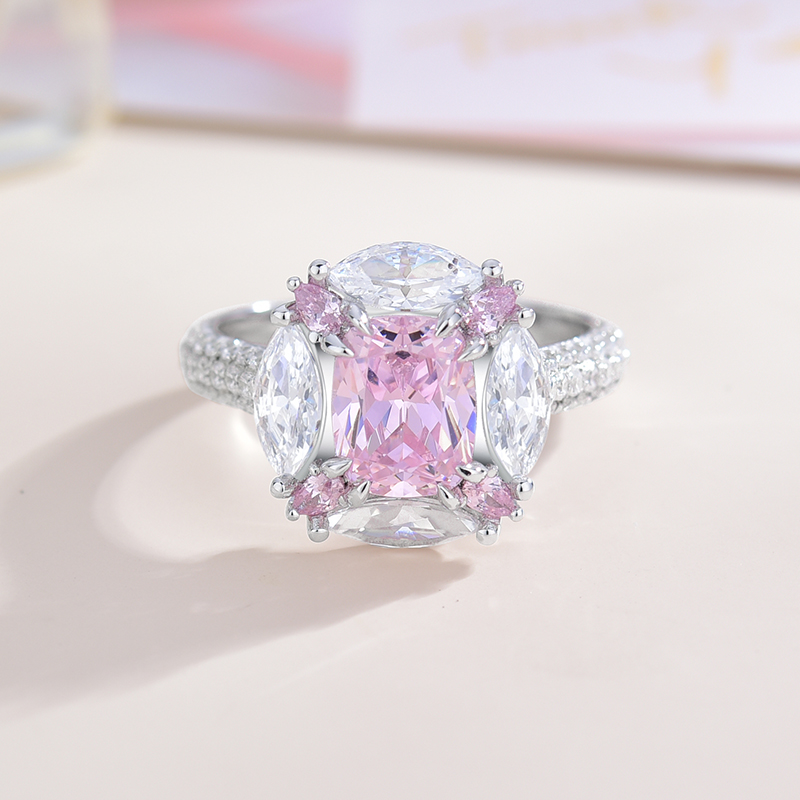 卓蝶珠宝少女心大克拉仿粉钻戒指欧美风女式纯银镀白金时尚指环新