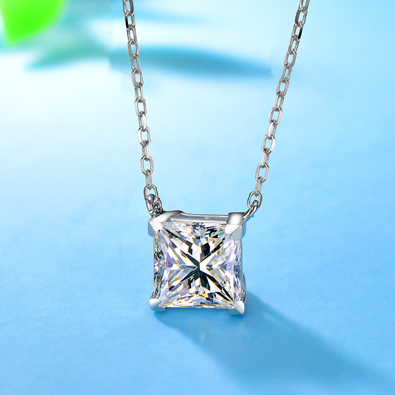 【特价清仓】纯银镀白金公主方钻项链方形仿钻石吊坠简约锁骨链女
