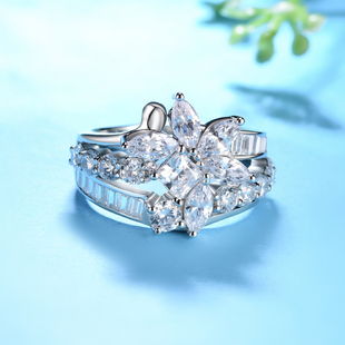卓蝶珠宝纯银镀18K白金镶嵌仿钻石高定轻奢花朵戒指女大气时尚 新