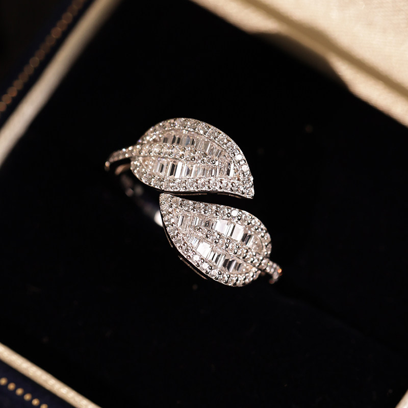 满镶钻超闪树叶戒指纯银气质女戒
