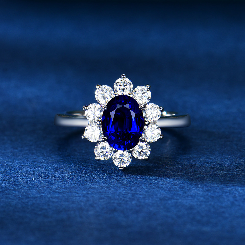 卓蝶珠宝戴妃款合成皇家蓝宝石戒指纯银镀18K白金通勤彩宝钻戒女