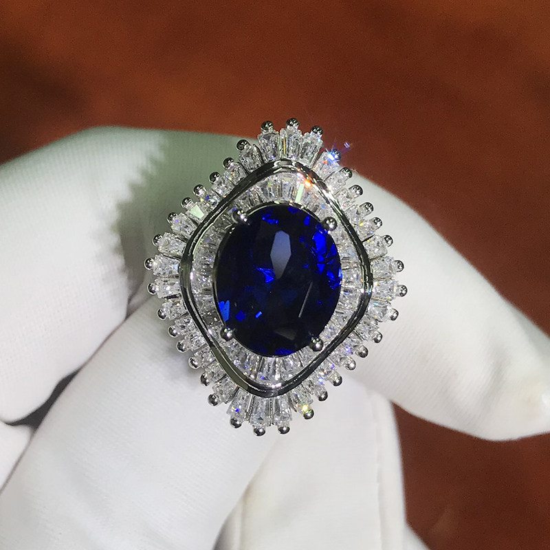 卓蝶珠宝 银镀白金仿蓝宝石戒指 欧美大气梯方钻奢华蓝宝石女戒