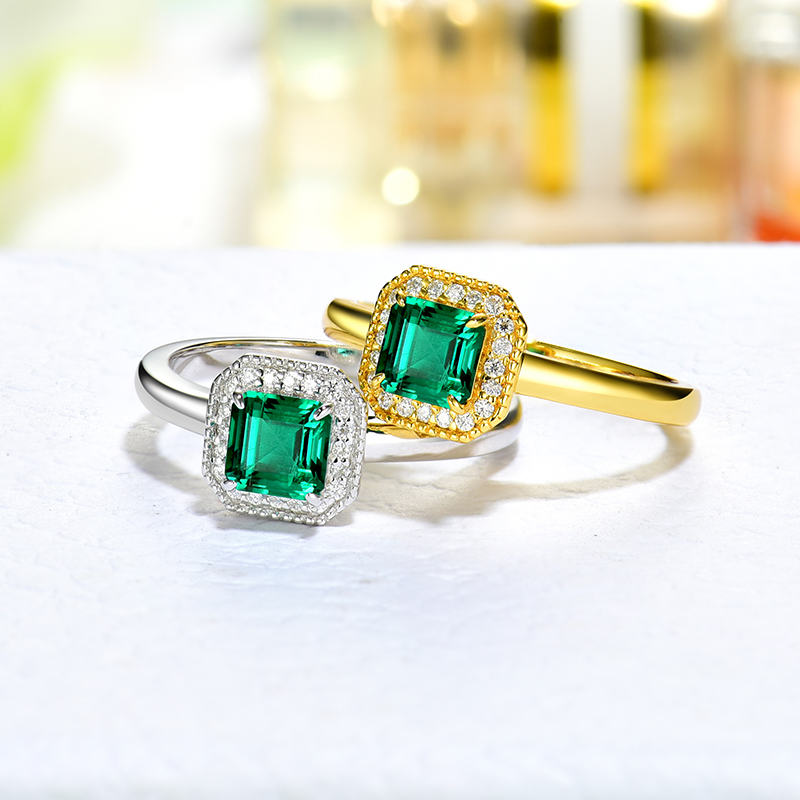 培育祖母绿戒指清新气质纯银镀金