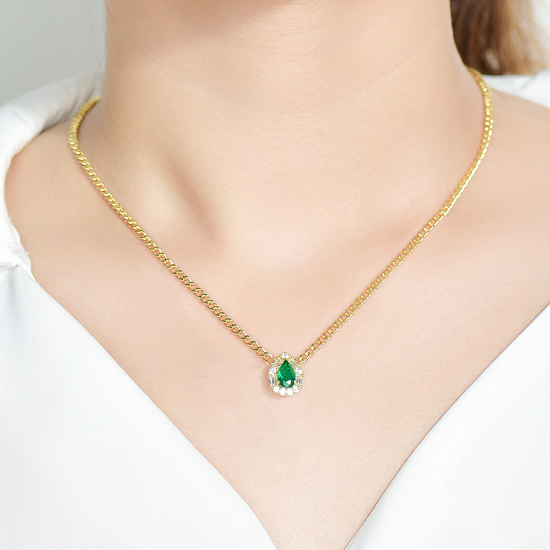 卓蝶珠宝S925纯银镀黄金水滴形合成祖母绿古巴项链原创欧美气质款
