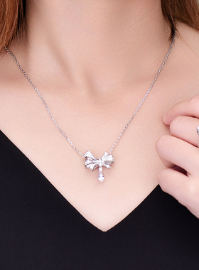 卓蝶珠宝纯银镀白金甜美镶钻蝴蝶结项链女式气质款锁骨链新品吊坠