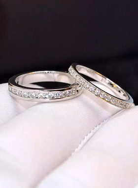 T款纯银镶嵌半圈钻仿钻排钻男女银饰对戒婚戒情侣礼物套戒指