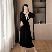 收腰显瘦气质长裙子 新款 法式 系带蝴蝶结丝绒连衣裙女2024冬季