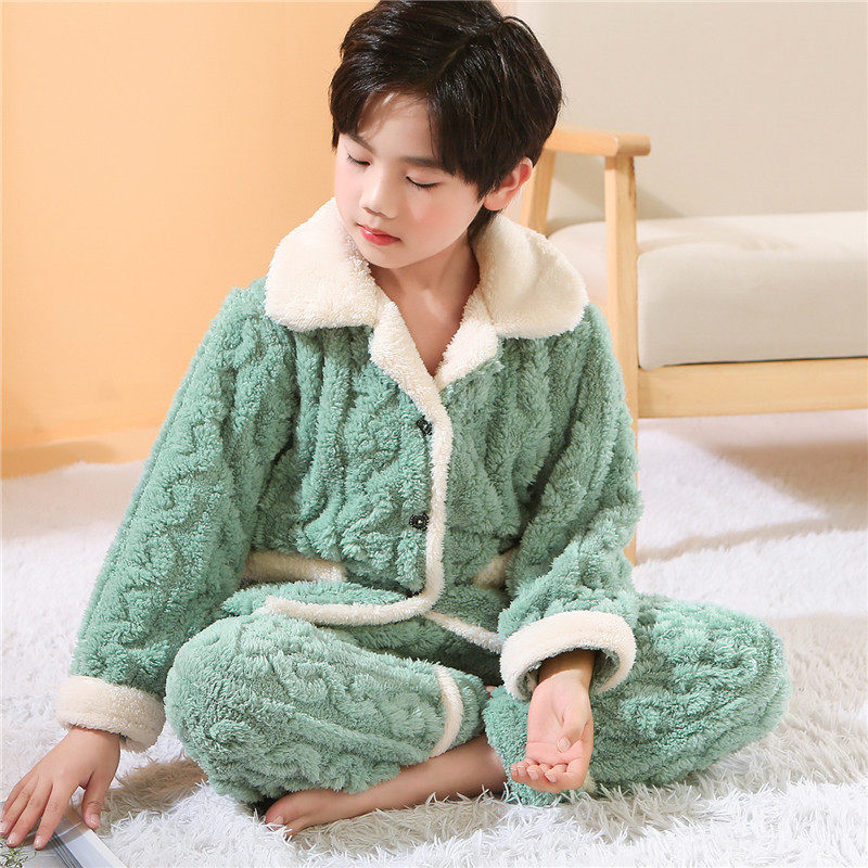 男童法兰绒睡衣加厚冬款加绒小女孩秋冬季儿童珊瑚绒家居服中大童