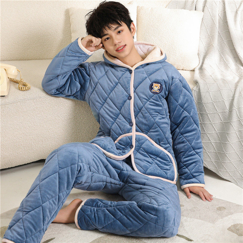 睡衣男冬季加绒加厚网红风青少年2023年新款三层夹棉珊瑚绒家居服