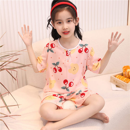 女童短袖短裤小孩男孩薄款棉绸