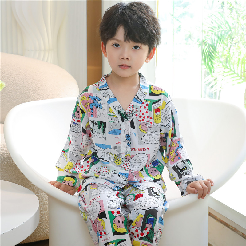 男童睡衣儿童夏季款棉绸长袖长裤薄款2025新款男孩夏天家居服套装
