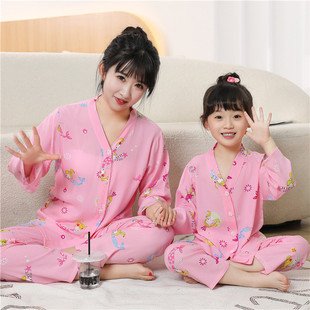 夏季睡衣棉绸长袖亲子装家庭套装母女装大码妈妈男女士薄款居家服