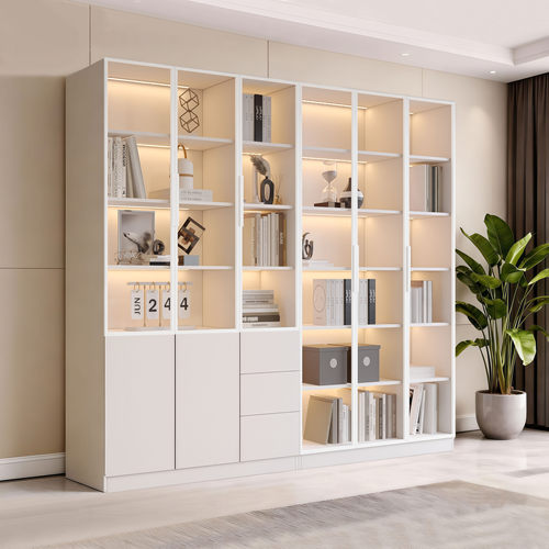 奶油风定制去客厅化书柜一体整墙到顶轻奢高档现代带玻璃门展示柜