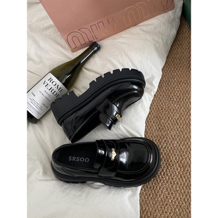 2025春季新款英伦风简约单鞋百搭乐福鞋女厚底增高一脚蹬小皮鞋潮