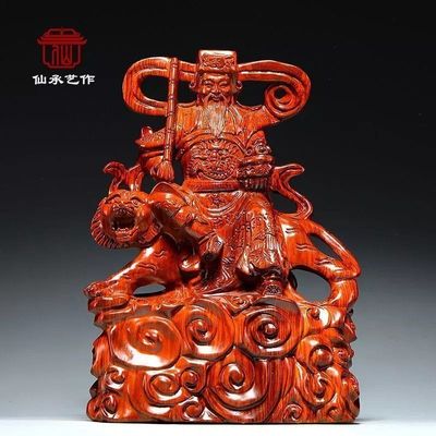 花梨木雕刻武财神赵公明骑虎神像