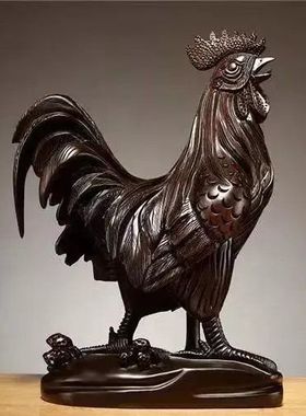 黑檀木雕红大公鸡摆件木质动物十二生肖鸡家居电视柜装饰品工艺品