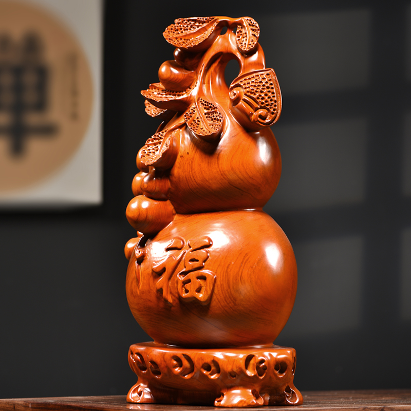 花梨木雕福禄如意葫芦摆件木质家居电视柜客厅装饰工艺品乔迁送礼