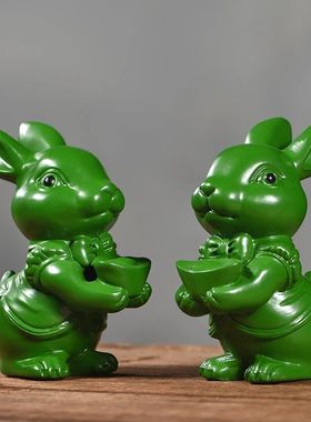 绿色木雕元宝兔子摆件实木质十二生肖兔家居客厅桌面装饰工艺礼品