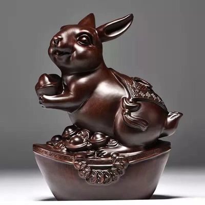黑檀木雕福兔子摆件实木十二生肖雕刻家居客厅装饰红木工艺送礼品