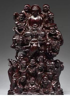 黑檀木雕十八罗汉摆件红木家居玄关降龙伏虎尊者实木质雕刻工艺品