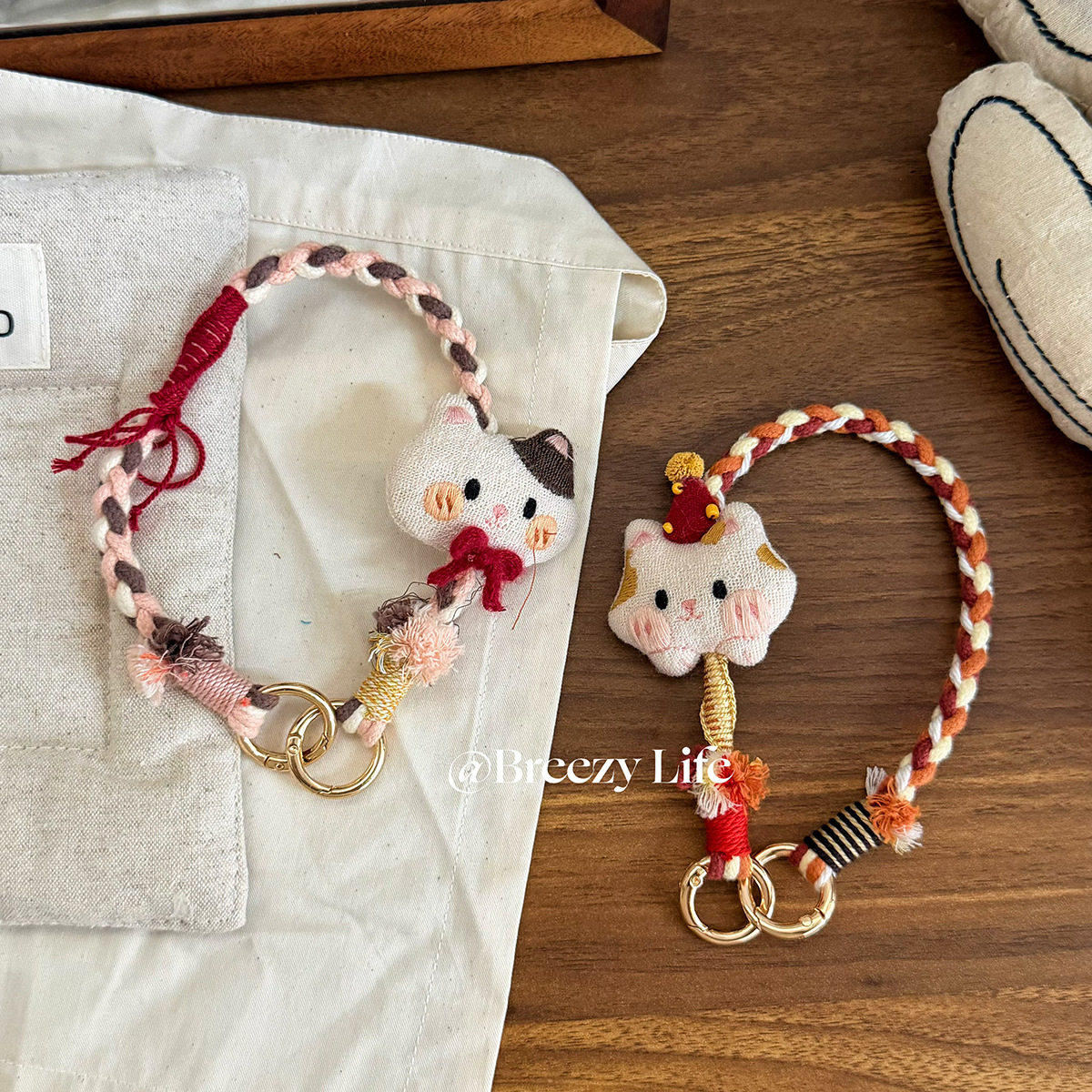 手工编织手机挂绳可爱猫咪手机链森系电话挂绳挂饰钥匙扣手腕吊绳