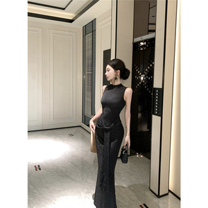 实拍时尚飘带闪钻亮丝无袖欧美长裙气质辣妹显身材长连衣裙