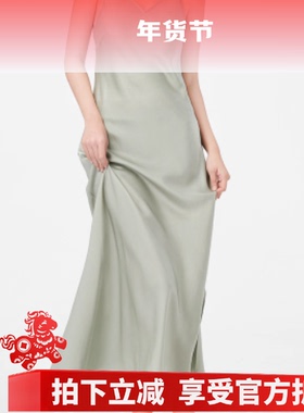 DEMOV戴M绿色V领莫尼卡吊带连衣裙秋款缎面垂感长裙子019L4