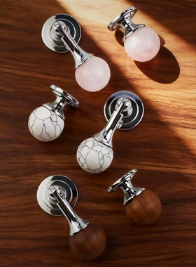 复古胡桃木拉手中古银色柜门把手轻奢小众天然石白松石衣柜门拉手