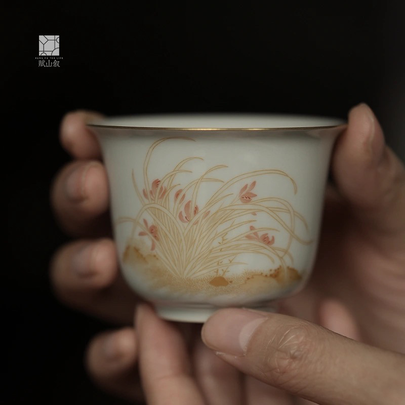 景德镇赋山叙明茶褐九畹兰香主人杯单杯功夫茶具品茗茶杯陶瓷手绘