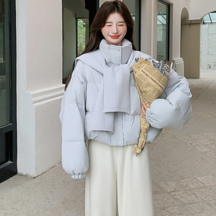 韩系气质围巾短款百搭羽绒棉服女秋冬立领加厚宽松小个子棉衣外套