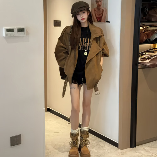 美拉德麂皮机车服外套女秋季宽松