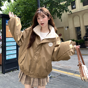 美式复古短款棉服女羊羔毛加绒棉袄2025年新款学生oversize外套潮