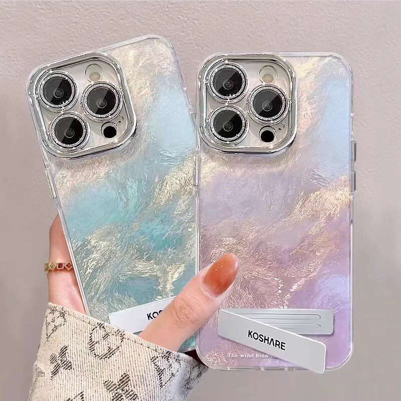 个性冰蓝渐变适用于苹果16promax支架iPhone17Air带手链15pro镜头全包17自带镜头膜14硅胶1312防摔创意手机壳