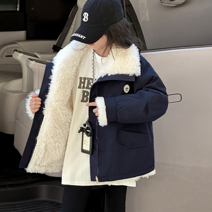 女童外套冬季2025新款加绒加厚羊羔毛领上衣中大童洋气保暖棉衣潮