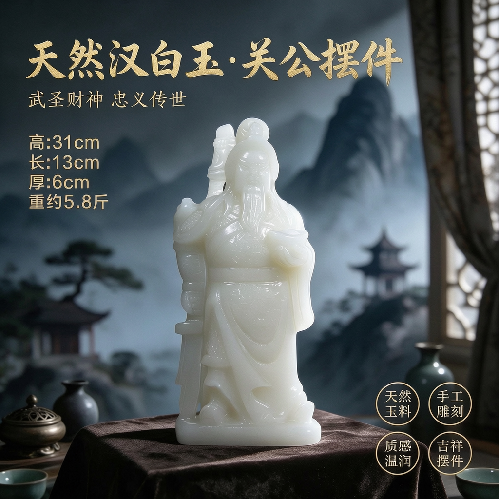 纯天然汉白玉雕关公武财神奇石玉石原石送礼收藏装饰品家居摆件