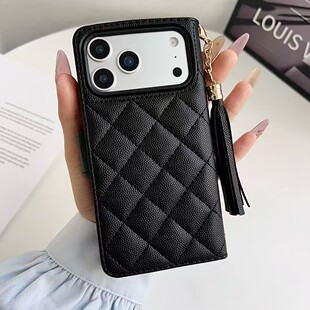 欧美小香风鱼籽纹皮套适用苹果17Promax手机壳iPhone16Pro保护套15Pro高级感菱格车线14Pro全包防摔13Pro女款