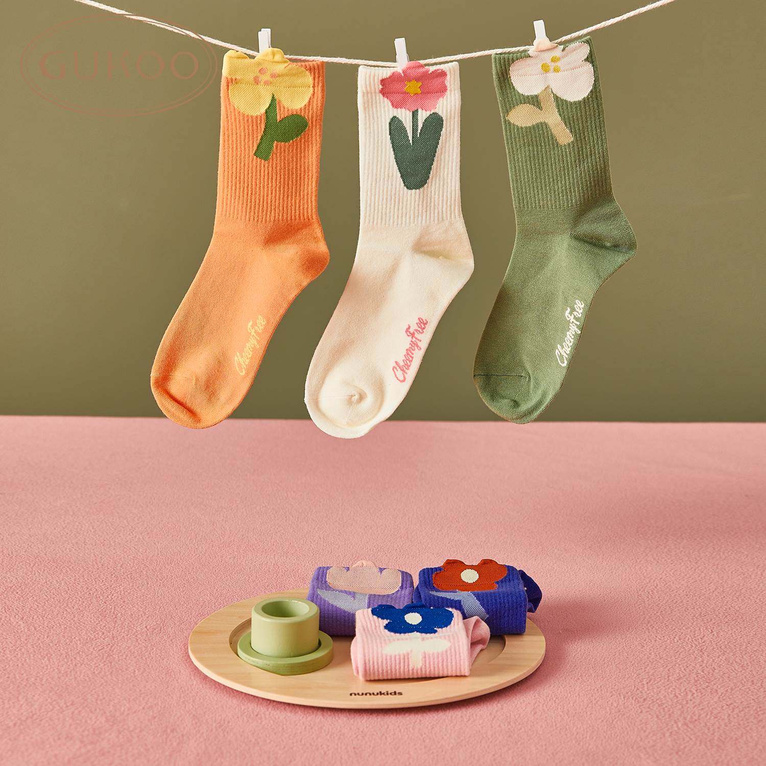 Gukoo/果壳袜子女秋冬新款女士中筒袜小花袜子组合ins潮女袜