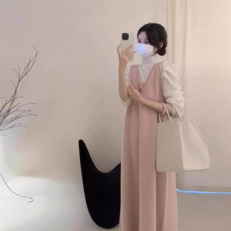 法式小香风内搭打底粉色背心连衣裙套装2026新款女装秋冬季高级感