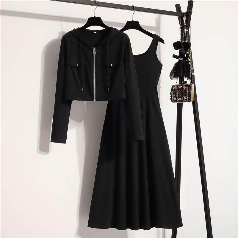 2026春大码长袖开衫外套吊带背心连衣裙女套装新款百搭显瘦两件套