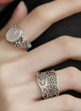 合金戒指 新中式戒指复古花朵指环白月光开口可调节戒指做旧时尚