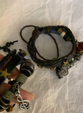 非金属布艺手链 复古民族风音符串珠多层拼接手链个性情侣手绳