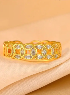 合金戒指 招财金色铜钱戒指小众复古开口戒日韩风轻奢时尚百搭