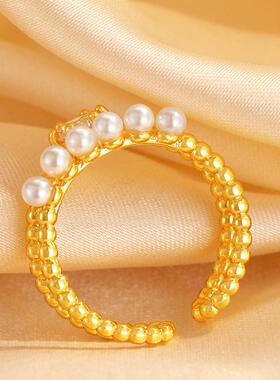 合金戒指 双圈珠珠戒指镶嵌开口可调节时尚轻奢百搭气质简约